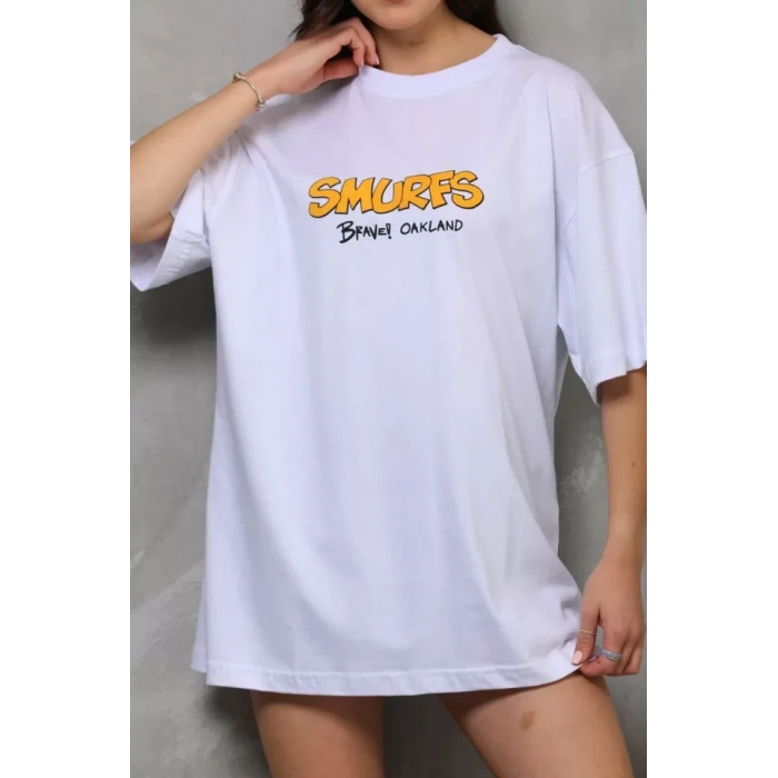 Unisex Bisiklet Yaka Baskılı Oversize TShirt