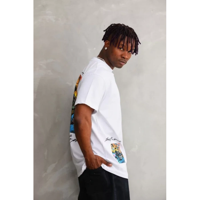 Unisex Bisiklet Yaka Baskılı Oversize TShirt