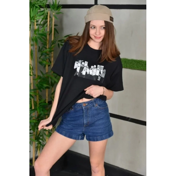 Unisex Bisiklet Yaka Baskılı Oversize TShirt