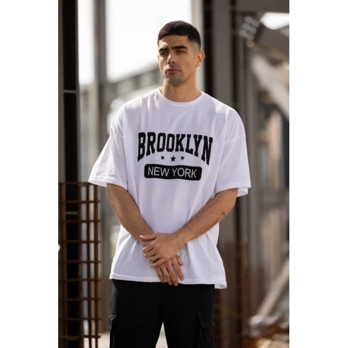 Unisex Bisiklet Yaka Baskılı Oversize TShirt