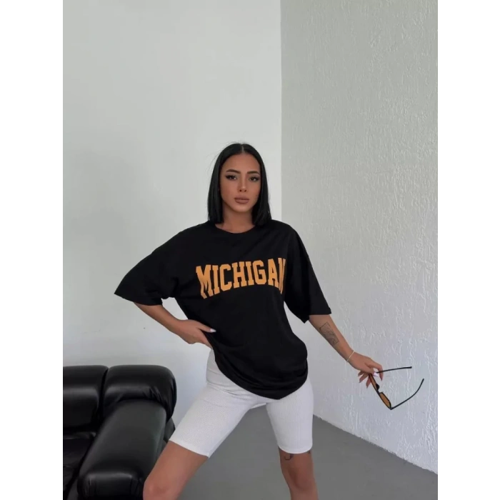 Unisex Bisiklet Yaka Baskılı Oversize TShirt  Beyaz