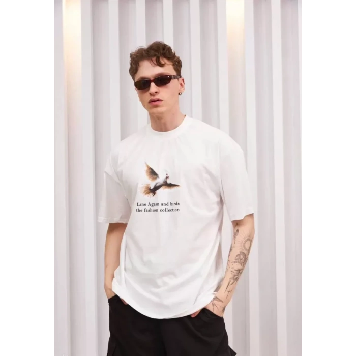 Unisex Bisiklet Yaka Baskılı Oversize TShirt  Siyah