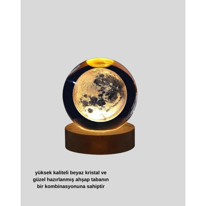 Usb Işıklı Ay Kristal Küre 3d Oyma Tasarım Ahşap Standlı Gece Lambası