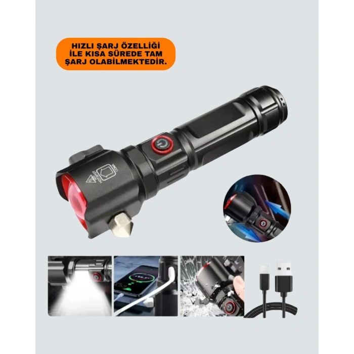 Usb Şarjlı Çok Amaçlı El Feneri Çekiçli Pusulalı