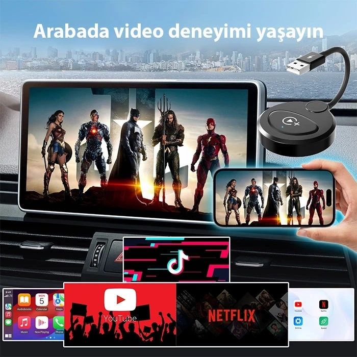 Usb+type-c Apple Kablosuz Wireless Carplay Adaptör Çevirici -youtube Netflix Tiktok Video Yansıtıcı