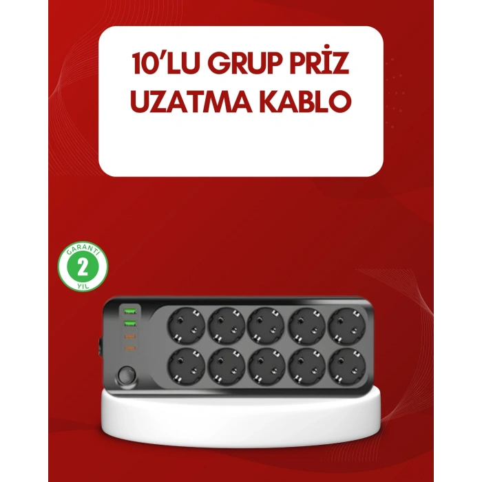 USB Type-C Destekli 10’lu Grup Priz Termal Korumalı 2m Kablo 2500W