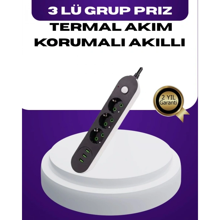 Usb Yuvalı Anahtarlı Üçlü Priz 2 Metre Kablolu