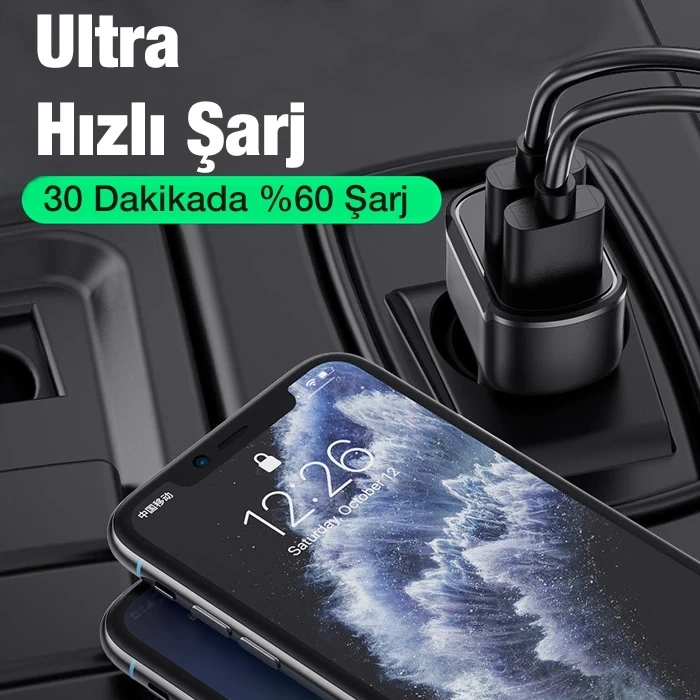 Uslion 30w 2 Usb + Type-c Girişli Qc3.0 Hızlı Araç Çakmaklık Şarjı