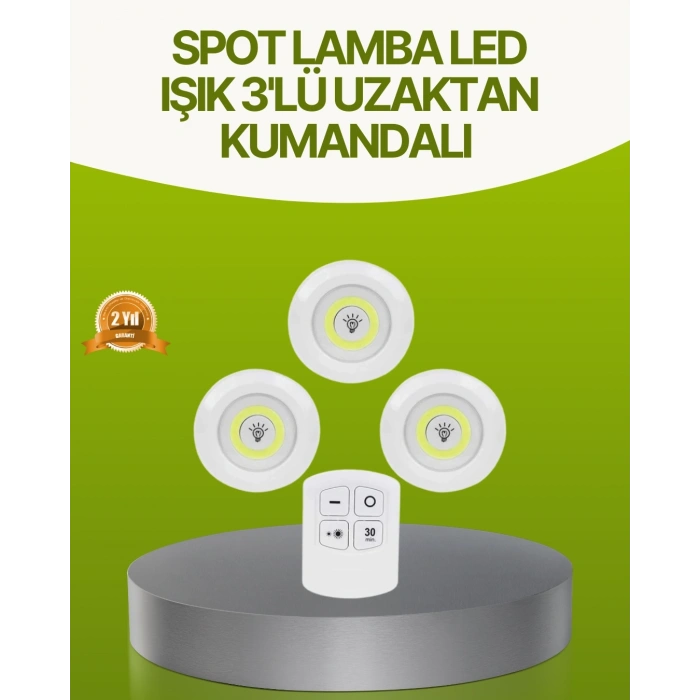 Uzaktan Kumandalı 3 Lü Kablosuz Led Spot Lamba Seti Yapışkanlı Pratik Kullanım