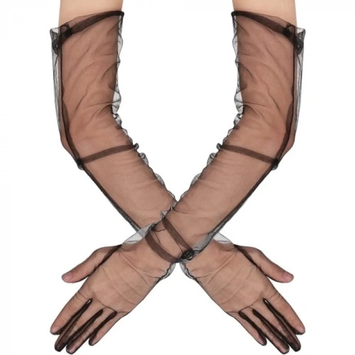 Uzun Boy Likralı Siyah Yetişkin Mega Tül Eldiven