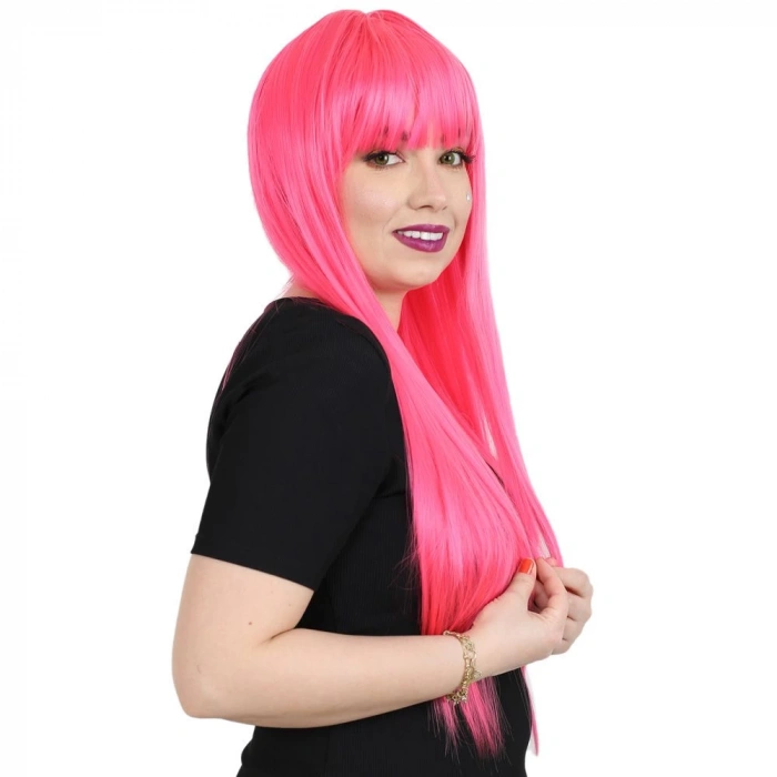 Uzun Kahküllü Fiber Sentetik Peruk - Neon Pembe