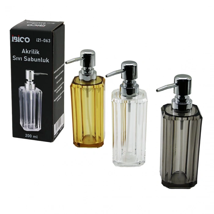 UZUN KARE TABAN -SEKİZGEN GÖVDE ŞEFFAF - RENKLİ AKRİLİK - MİKA KRİSTAL SIVI SABUNLUK 200ML (4887)