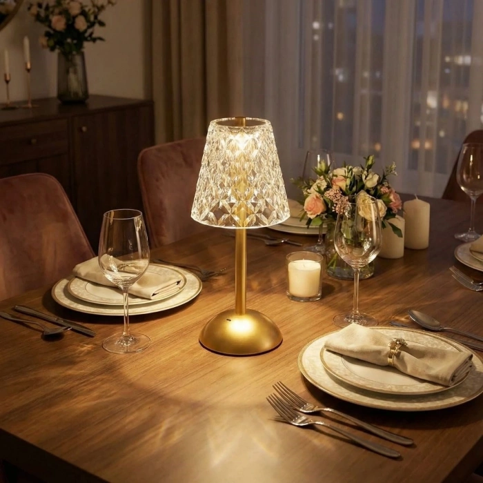 Uzun Klasik Şeffaf Baklava Model LED Masa Lambası – Dokunmatik, 3 Renk Işık Modlu, Şarjlı Dekoratif Gece Lambası (4887)