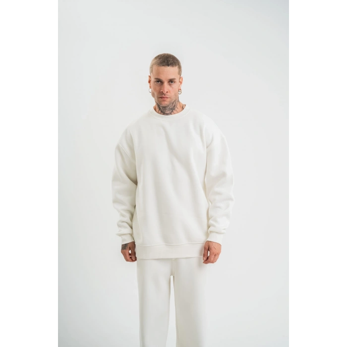 Uzun Kol Bisiklet Yaka Basic SweatShirt - Beyaz -