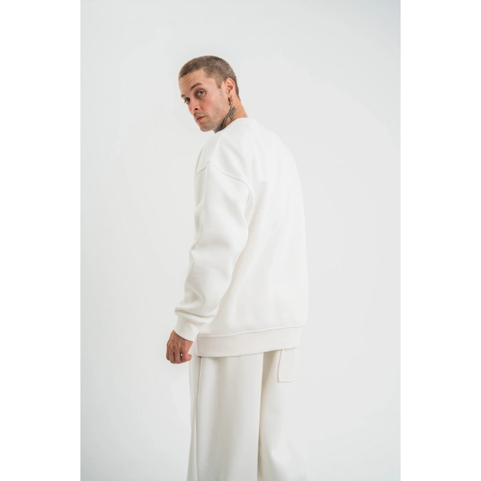 Uzun Kol Bisiklet Yaka Basic SweatShirt - Beyaz -