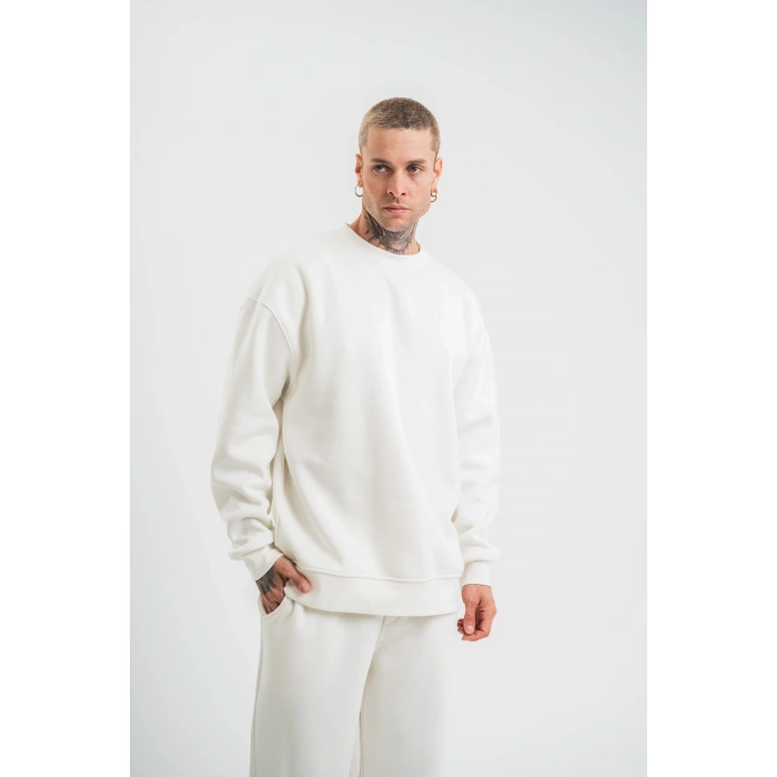 Uzun Kol Bisiklet Yaka Basic SweatShirt - Beyaz -