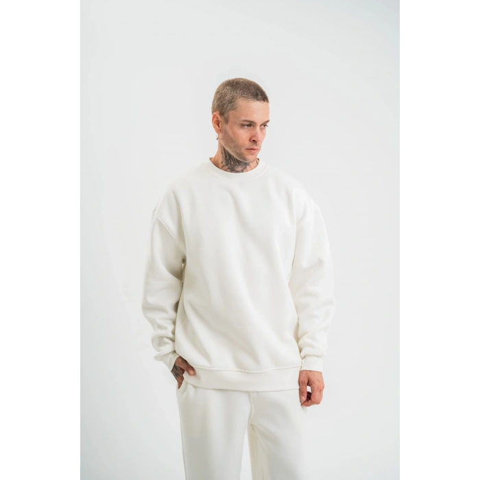 Uzun Kol Bisiklet Yaka Basic SweatShirt - Beyaz -