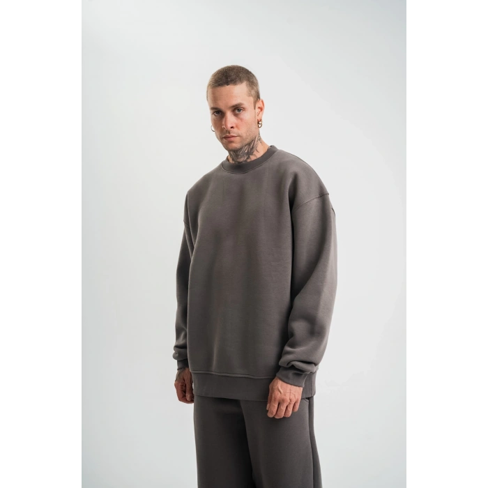 Uzun Kol Bisiklet Yaka Basic SweatShirt - Füme -