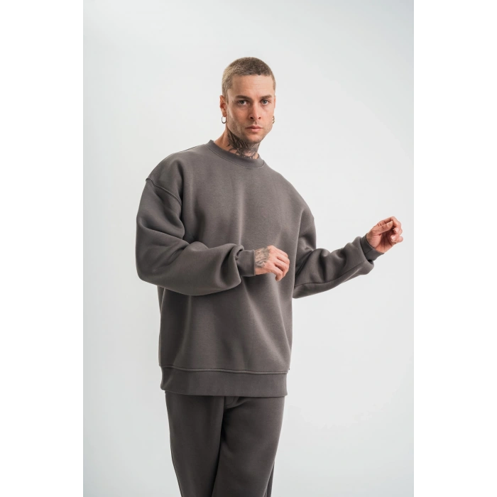 Uzun Kol Bisiklet Yaka Basic SweatShirt - Füme -