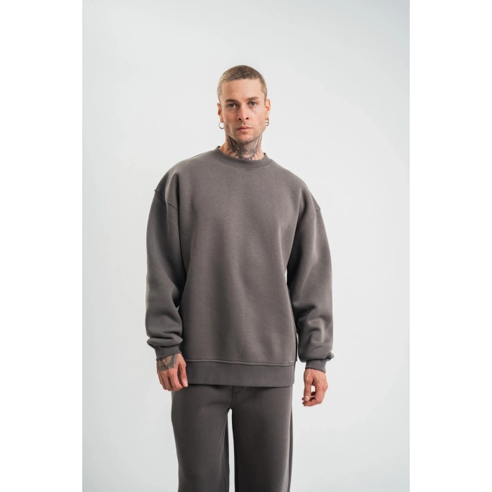 Uzun Kol Bisiklet Yaka Basic SweatShirt - Füme -