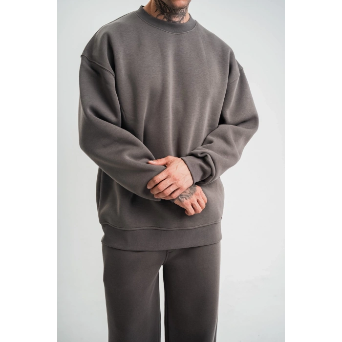 Uzun Kol Bisiklet Yaka Basic SweatShirt - Füme -