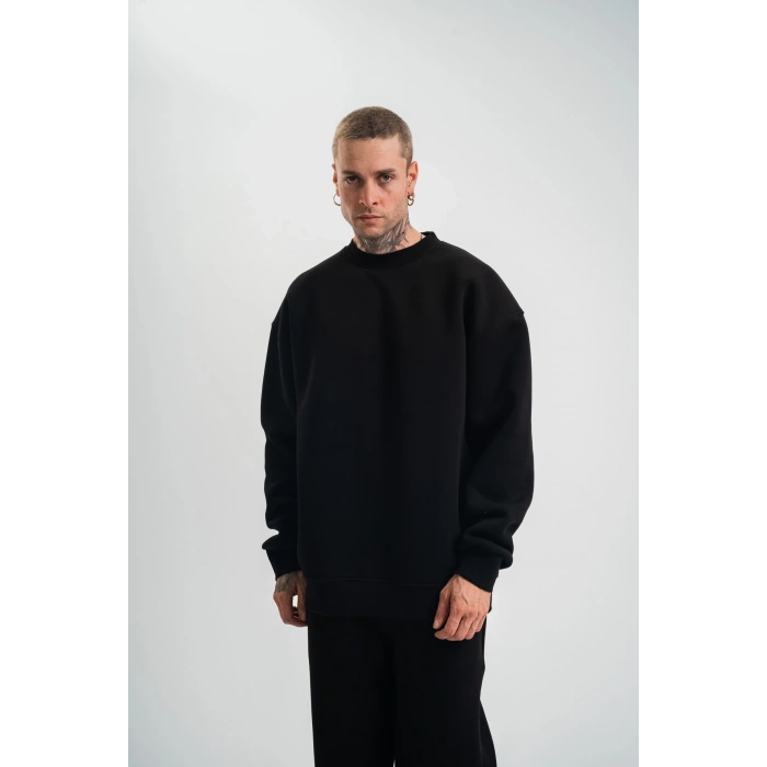 Uzun Kol Bisiklet Yaka Basic SweatShirt - Siyah -
