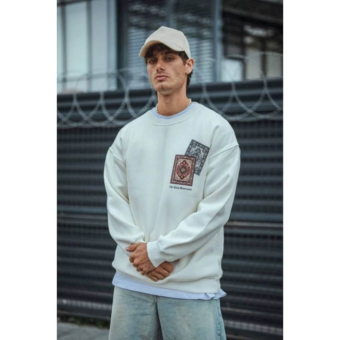 Uzun Kol Bisiklet Yaka Baskılı SweatShirt - Beyaz -