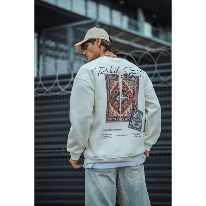 Uzun Kol Bisiklet Yaka Baskılı SweatShirt - Beyaz -