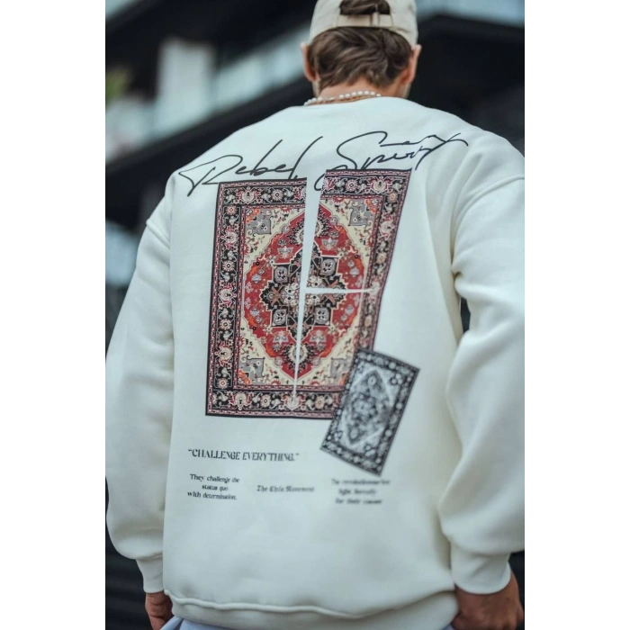 Uzun Kol Bisiklet Yaka Baskılı SweatShirt - Beyaz -