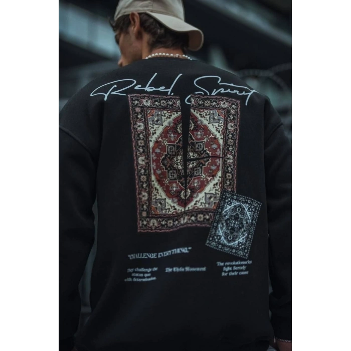 Uzun Kol Bisiklet Yaka Baskılı SweatShirt - Siyah -