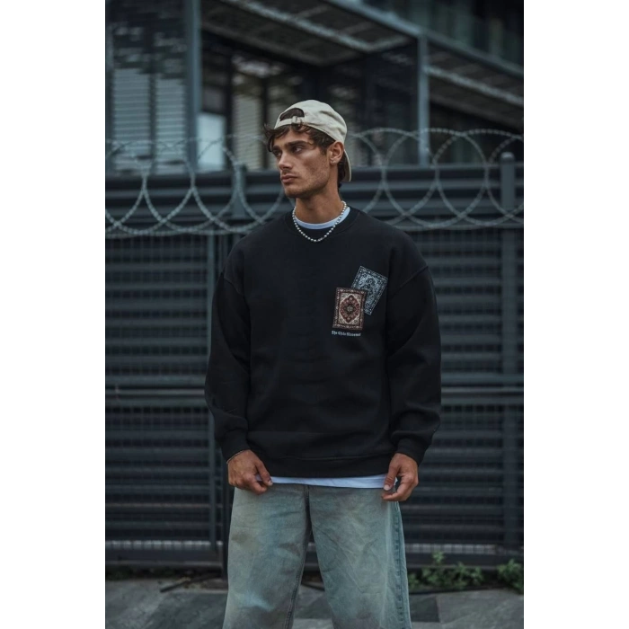 Uzun Kol Bisiklet Yaka Baskılı SweatShirt - Siyah -