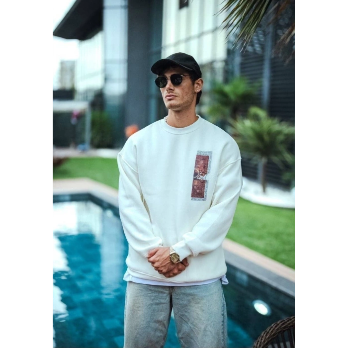 Uzun Kol Bisiklet Yaka Ön ve Arka Baskılı SweatShirt - Beyaz -