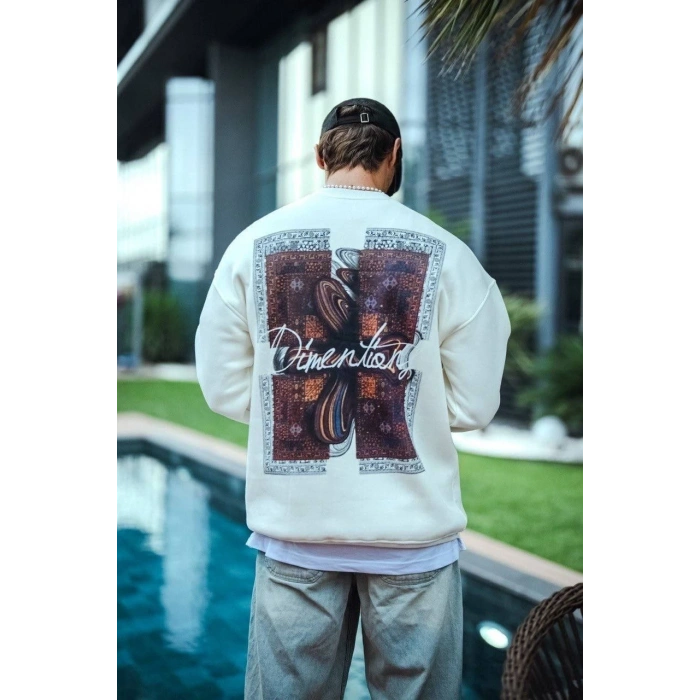 Uzun Kol Bisiklet Yaka Ön ve Arka Baskılı SweatShirt - Beyaz -