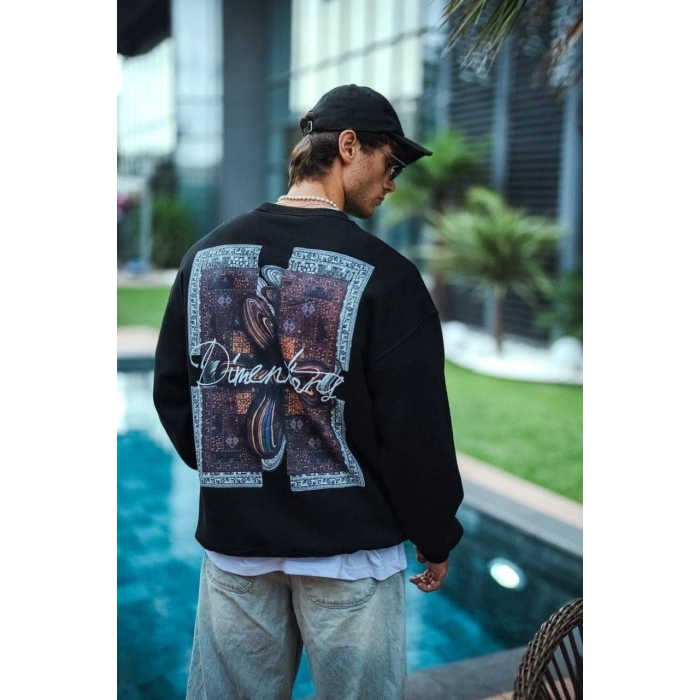 Uzun Kol Bisiklet Yaka Ön ve Arka Baskılı SweatShirt - Siyah -