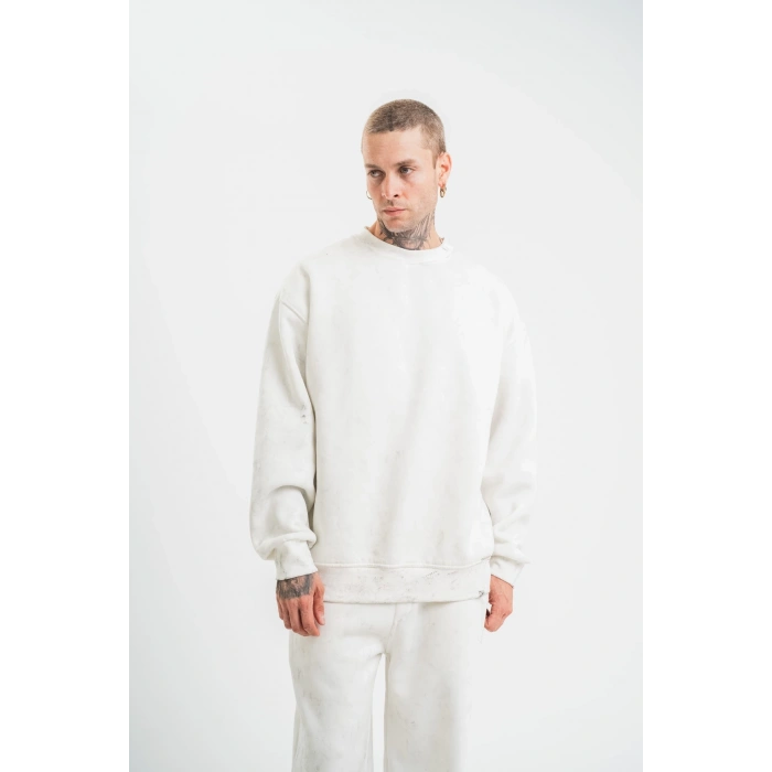 Uzun Kol Bisiklet Yaka Yıkamalı SweatShirt - Beyaz -