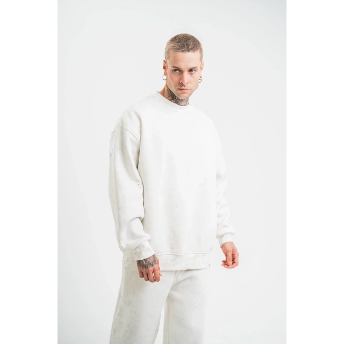 Uzun Kol Bisiklet Yaka Yıkamalı SweatShirt - Beyaz -