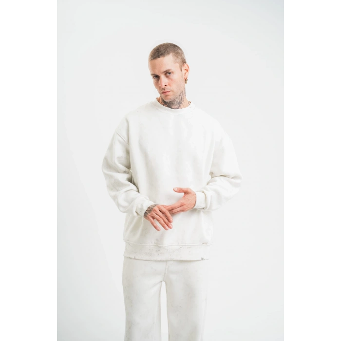 Uzun Kol Bisiklet Yaka Yıkamalı SweatShirt - Beyaz -