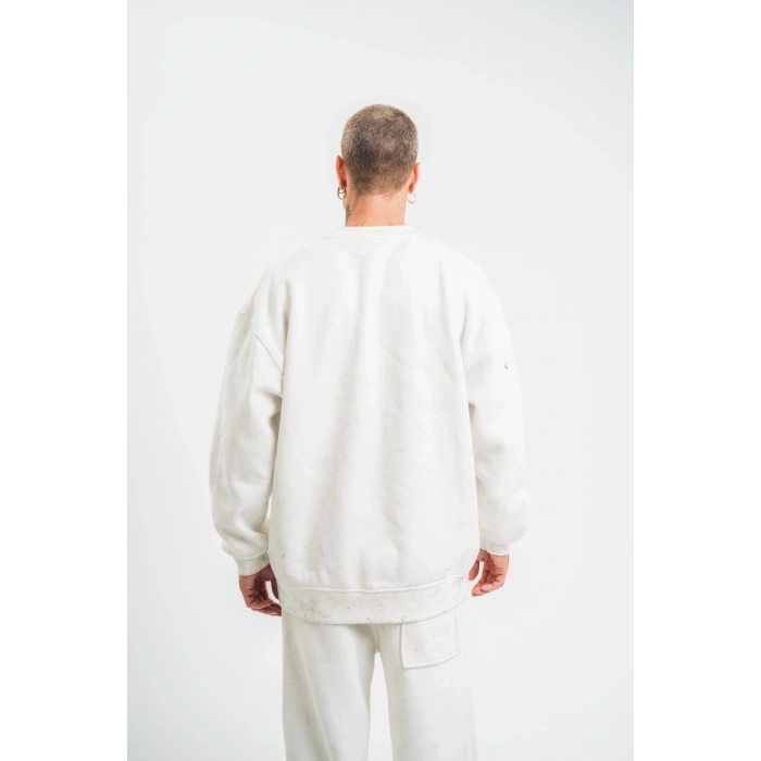 Uzun Kol Bisiklet Yaka Yıkamalı SweatShirt - Beyaz -