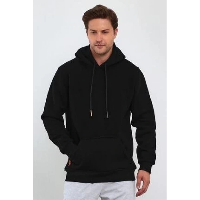 Uzun Kol Kapşonlu Basic Sweatshirt hoodie - Siyah
