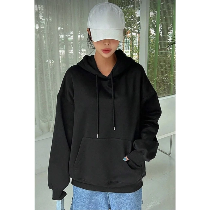 Uzun Kol Kapşonlu Basic Sweatshirt hoodie - Siyah