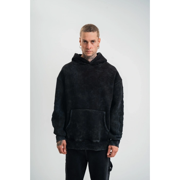 Uzun Kol Kapşonlu Yıkamalı Nakışlı SweatShirt - Siyah