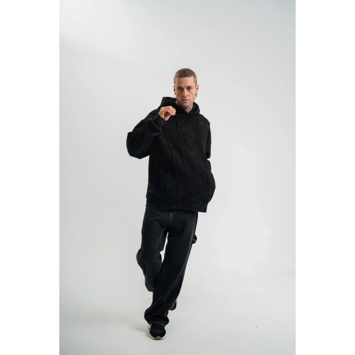 Uzun Kol Kapşonlu Yıkamalı Nakışlı SweatShirt - Siyah