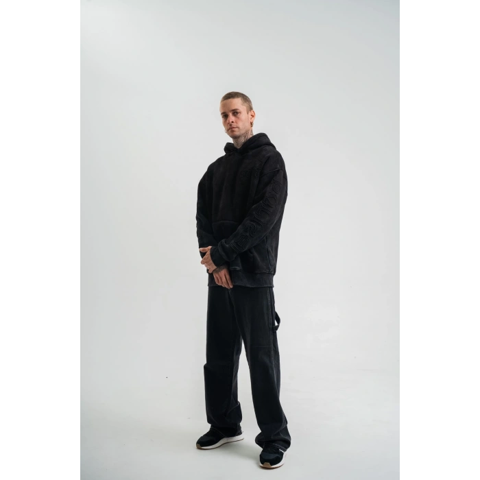 Uzun Kol Kapşonlu Yıkamalı Nakışlı SweatShirt - Siyah