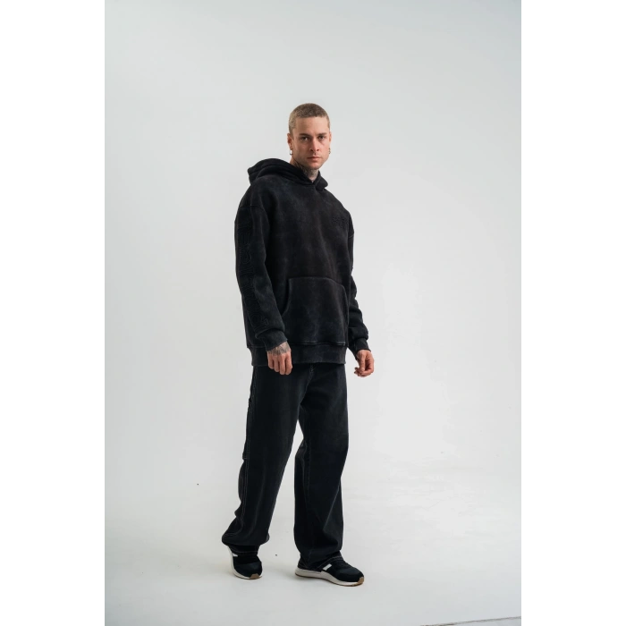 Uzun Kol Kapşonlu Yıkamalı Nakışlı SweatShirt - Siyah