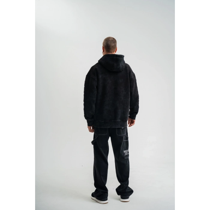 Uzun Kol Kapşonlu Yıkamalı Nakışlı SweatShirt - Siyah