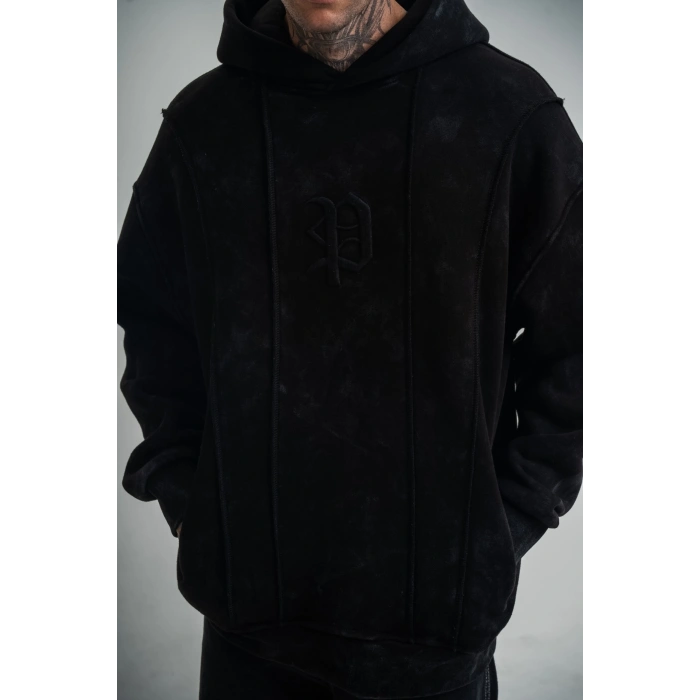 Uzun Kol Kapşonlu Yıkamalı Nakışlı SweatShirt - Siyah