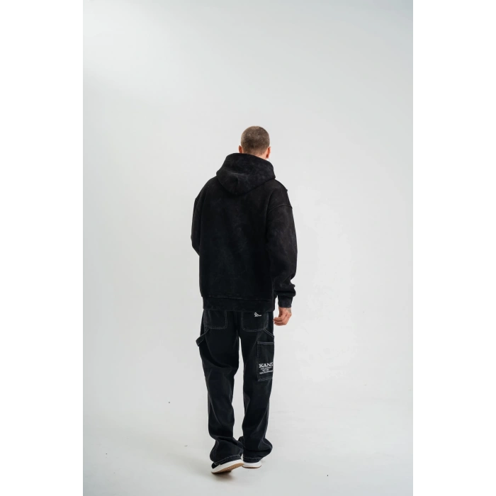 Uzun Kol Kapşonlu Yıkamalı Nakışlı SweatShirt - Siyah