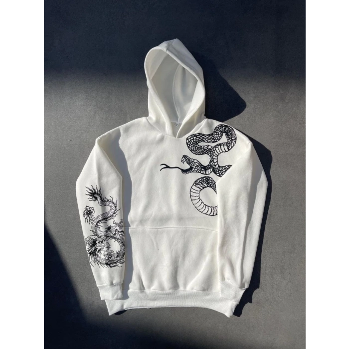 Uzun Kol Kapüşonlu Baskılı SweatShirt - Beyaz -