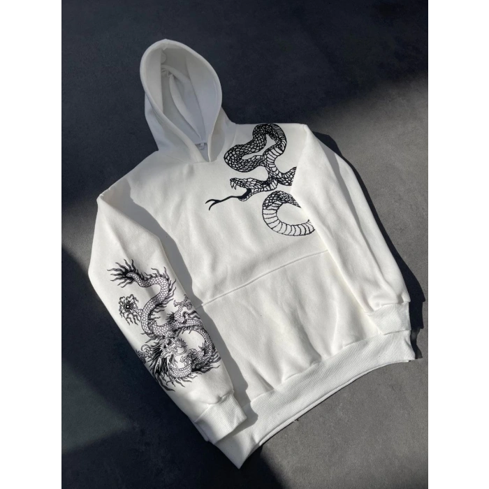 Uzun Kol Kapüşonlu Baskılı SweatShirt - Beyaz -