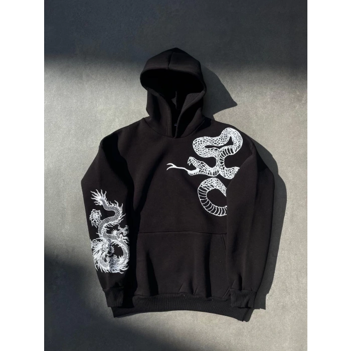 Uzun Kol Kapüşonlu Baskılı SweatShirt - Siyah -